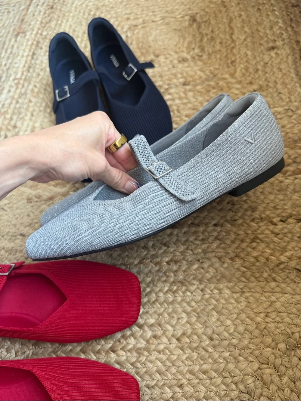 VIVAIA Navy Red and Silver Margot Mary Janes Flats Square Toe Ribbed Shoes
